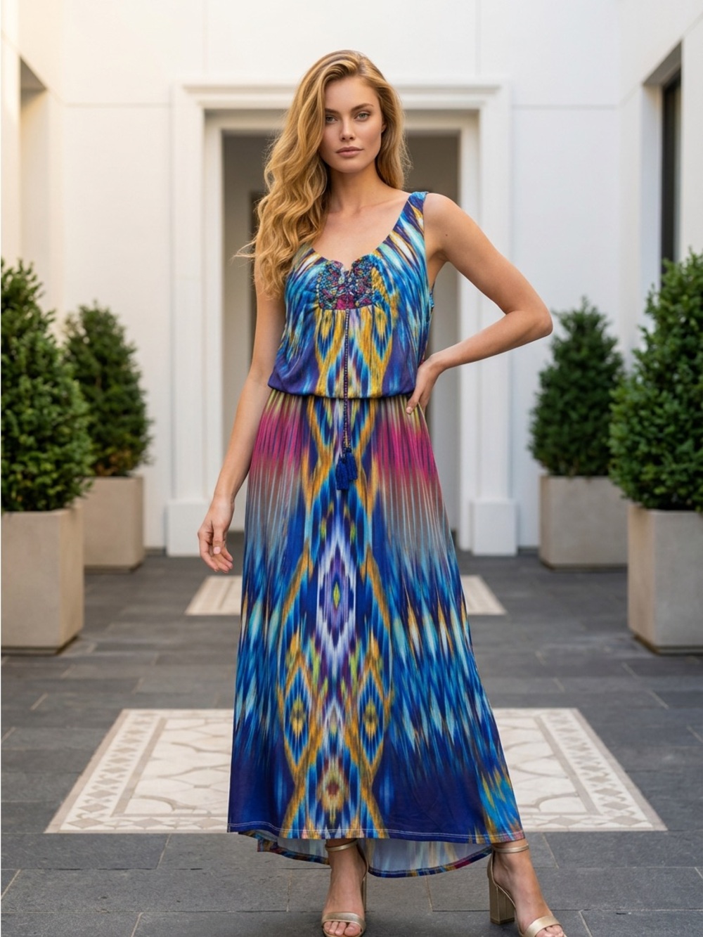 ONE WORLD Blue Multi Ikat Maxi Dress with Embellished Bodice